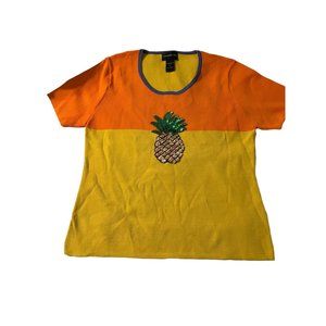 Morgan Cole Shirt Sweater Colorblock Sequin pineapple orange yellow purple M